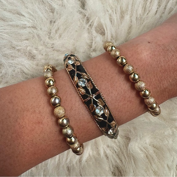 Vintage 🖤 Black & Gold Tone Enamel Stretch Bangle Bracelet Rhinestone Art Deco - Picture 3 of 10